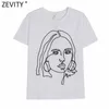 Zevity Frauen einfach Schönheit Kopf Skulptur Applikationen beiläufige dünne weiße T-Shirt weibliche schicke Grundstrick Sommer Tops T692 210603