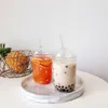 Muggar 460 ml Värmebeständigt glaskopp Transparent kaffemugg med Lidstraw Home Milk Juice Flower TEA TREVEL248G