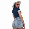 Rapwriter Panelled Letter Embroidery Summer Bodysuit Women Stretch Slim O-Neck Short Sleeve Open Crotch Sexy Body Mujer 210720