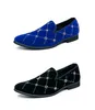 봄과 가을 남자 벨벳 로퍼 파티 웨딩 신발 유럽 스타일 수 놓은 블루 벨벳 슬리퍼 모카신 신발 운전