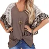 Verano leopardo mujer camiseta cuello pico manga corta mujer ropa camiseta Tops señoras talla grande moda camiseta 210608