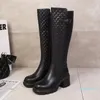 Stylishbox-2021101301T 40 Svart Cowhide Knee High Boots Äkta Läder Klassisk Platform 8cm Chunky Heels Vadderade måste 12