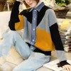 Nomikuma Cappotto coreano in maglione di colore a contrasto Demin Giacca lavorata a maglia patchwork Primavera Nuovo cardigan con colletto rovesciato 6F240 210427