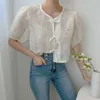 Chic Bow Tie Blouse Camisa Coreana Buff Manga O-pescoço Das Mulheres Tops Verão Doce BLUSAS DE MUJER 6J003 210603