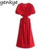 ファッション女性セクシーな中空アウト赤いドレス女性oネックパフスリーブAライン夏のパーティードレスシックなMidi Vestido 210430