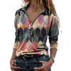 Vintage Manga Longa Zíper V Pescoço Camisa Geométrica Gradiente Retro Blusa Lady Top Moda Europa e América Vestuário Atacado Mulheres Blusa