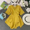 Casual damer våren sommar solid blus V nacke kort ärm oregelbundna ruffles chiffon chic kvinnor 210520