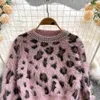 Outono inverno novo suéter curto de malha com decote oco manga longa mohair lã estampa de leopardo patchwork de strass