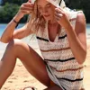 Gestreiftes sexy Strandkleid, gehäkeltes Hoodie-Bikinikleid, Damen-Badeanzug, Tunika, Saida de Praia # Q426 210420