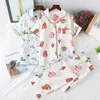 Japansk stil Enkel Kort Kvinnor Kvinna 100% Bomull Gaze Sufe Byxor Ladies Pajamas Suit Cute Sets Hem 210809