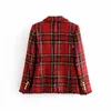 Red Plaid Blazer 2021 Vrouwen Spring-Herfst Vintage T-pakken Jassen Kantoor Dames Chic Slanke Blazers Meisjes Tassel Tops Set Jas X0721