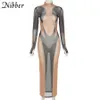 Nibber Splicing Se igenom Maxi Dress for Women 2021 Sexig långärmad Turtleneckformad midja Clubwear Kvinna Long Prom Dress Y0726