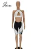 Joskaa Patchwork Halter Backless Vest + Slim Spodenki Dwuczęściowe Zestaw Kobiet Loungewear Lato 2021 Dresy fitness Seksowna Streetwear Y0719