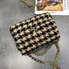 مصمم- أسودأبيض Houndstooth نمط CrossBody حقائب عبر غلق بمشبك مشبك حقيبة كتف سلاسل جلدية حقيبة ساعي محفظة دافئة رفرف محافظ