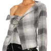 여성 옷깃을위한 캐주얼 히트 컬러 셔츠 긴 소매 격자 무늬 불규칙 한국 블라우스 여성 패션 의류 봄 210531