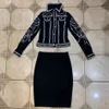 Conjunto de vestido de vendaje negro para mujer elegante solapa de manga larga chaqueta con cuentas de perlas falda ajustada de dos piezas 210524