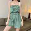 Women Rompers Summer Sexy Strapless Jumpsuit Solid Button Pocket Sleeveless Short Pants Wide Leg Overalls 210519