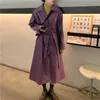 Aelegantmis Coréen Casual Lâche Violet Faux Cuir Robe avec Ceinture Femmes Printemps Ceintures Longue PU Veste Femme Moto Outwear 210607