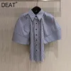 Women Blue Striped Printing Chiffon Single Breasted Blouse Lapel Short Sleeve Slim Shirt Fashion Summer 7E0940 210421