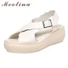 Meotina Real Leather Sandals Cross-Strap Open Toe Platform Wedge Heels Shoes Ladies Sneakers Sandals Female Summer Beige Black 210608