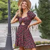 Fashion Sexy V-Neck Summer Mini Dress Women Dresses New Black Floral Print Short Sleeve Tunic Beach Party Sundress Female 210415