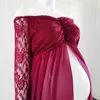 Dusty Pink Long Chiffon Maternity Pography Dress Sweet Heart Lace ES para Po Shoot Slit aberto Gravidez 210721