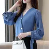 Spring Women's Long Sleeves Bow Chiffon Women Shirts Loose Womens Tops And Blouses Blue Solid Blouse Blusas 1985 50 &