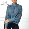 Jogoo Jogo Mulheres Turtleneck Blusa Outono senhoras Long Buff Manga Roxo Camisas Escritório Batwing Solto Tops Causal Chiffon Blouse 210518