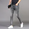 Jeans masculinos denim verão fino tornozelo comprimento calças slim-se ajustam pequenos pés marca casual fumo cinza lápis