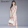 Sweet Short Puff Sleeve Summer Dress Women Square Collar Floral Embroidery Printed Pearls Button Pink Chiffon Sundresses 210416