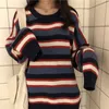 Women Sweater Knitted Pullovers Long Sleeve Striped O Neck Rainbow Colorful Loose Winter Gray Yellow Blue M0148 210514