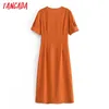 Verano mujer estilo francés naranja Puff manga corta Oficina señoras Midi vestido Vestidos 3W57 210416