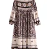 Bohemia Lacing up V neck Coffee Flower Print Long Dress BOHO Woman Sleeve Tassel Strappy Holiday Dresses Beach 210429