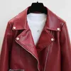 Wiosna Kobiety Faux Skórzana Krótka Krótka Kurtka Jesieni Slim Lapel Zipper Red Coat Motorcycle Solid Color Outwear 210430