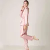 Pijamas conjunto de manga de seda feminina vestes de manga comprida com calças longas womens de alta qualidade pijama conjunto de cor sólida laço de duas peças pjs mulheres 211112