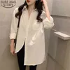 カジュアルプラスサイズの緩いシャツホワイト女性ロングコットン香港スタイルレディーストップスリーブ服13511 210506