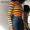 Missakso 여성 가을 ​​겨울 다채로운 스웨터 슬림 긴 소매 패션 섹시한 스트라이프 풀오버 터틀넥 니트 자르기 상단 210625
