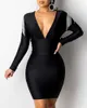 Kobiety Sexy Deep V-Neck Długi rękaw Tassel Design Bodycon Dress Y0726