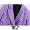 TRAF Dammode Dubbelknäppt Tweed Blazer Coat Vintage långärmade fickor Ryggventil Kvinnliga Ytterkläder Chic Toppar 210415