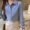 Koreańskie Kobiety Koszula Szyfonowe Bluzki Długi Rękaw Woman Blue Lace Otwarte Stitch Bluzki Topy Plus Size Bow 210604