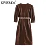 Femmes Chic Mode Avec Ceinture Faux Cuir Boutonné Midi Robe Vintage Col En V Poches Latérales Femme Robes Mujer 210416