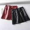 Vintage high waist PU leather skirts woemns sexy mini Stretwear pocket office black winter womens 210521