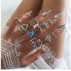 Bohemian Crown Star Moon Ring Set Suitable for Women Fashion Crystal Lotus Geometry Lady Ring Jewelry Halloween