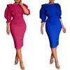 Kobiety Bodycon Dress O Neck Office Damskie Ruffles Work Wear Wear Halter Lantern Rękawy Wysoka Talia Elegancka Klasyczna Pakiet Hip Afryki 210416