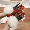 Women's Cashmere Gloves Ladies Touch Screen Furry Fur Ball Plaid Wool Driving Glove Female Mittens S2267 220113