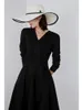 Hepburn Vintage Varış Sashes A-Line Wrap Elbise Yüksek Bel Uzun Kollu Katı Siyah Kırmızı Bayanlar Parti Elbiseler 210608