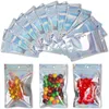 100 stks partij aluminium pouch plastic verpakking zakken holografische rits hersluitbare opbergtas met opknoping gat voor voedsel snack