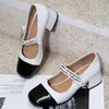 Scarpe eleganti Mary Janes Tacchi in vera pelle Moda tacco medio grosso Décolleté Bianco primavera catena femminile perla