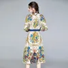春秋のファッション滑走路の女性のシャツ襟長袖の花プリント高級エレガントな休日のMidi Dress Vestidos 210416