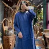 Johnature Women Original Linen Dresses O-Neck Long Sleeve Blue Spring Vintage Loose Robes Female Quality Dresses 210521
